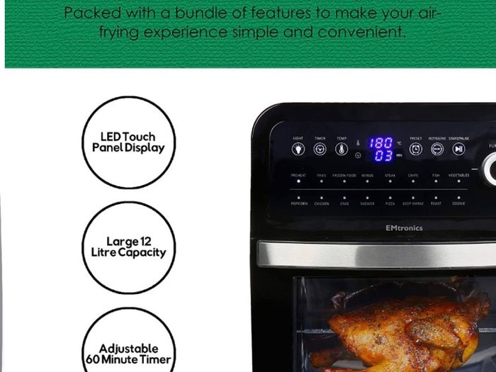Air Fryer Oven Combi, Rotisserie and Grill, Large Family Size 12L with 16 Pre-Set Menus for Oil Free Cooking (FREE POSTAGE)