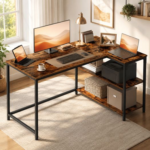 L Shaped Corner Desk with Storage Shelves