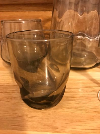 Smoky Glass jug + 4 assorted glasses