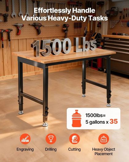 Heavy Duty Adjustable Workbench 680 kg Capacity Oak Wood Top Workbench with 67-102 cm Height Adjustment