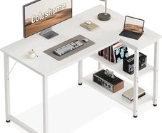 L Shaped Computer Desk, 100x70 cm Corner Desk, Office Desk with Reversible Storage Shelves, Writing Study Table for Work Play Home Office, White