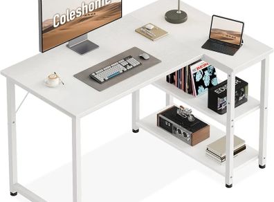 L Shaped Computer Desk, 100x70 cm Corner Desk, Office Desk with Reversible Storage Shelves, Writing Study Table for Work Play Home Office, White