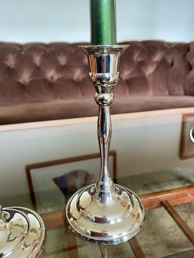 Pair of Slender 19th Century Style Silver Chrome Metal Candlesticks