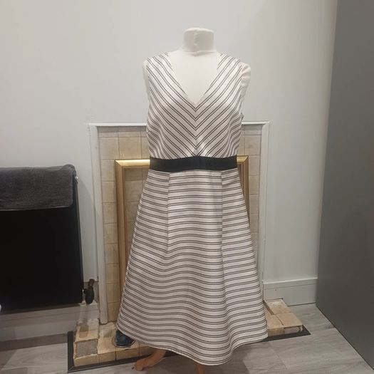 Beautiful Flattering Dress by Irish Designer Fee G, Soft Pink and Black Stripped Dress - Size 16