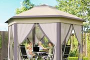 Hexagon Garden Gazebo - Pop Up Outdoor Patio Double Roof Instant Shelter with Netting, 3 x 4m, Beige