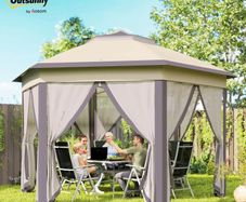 Hexagon Garden Gazebo - Pop Up Outdoor Patio Double Roof Instant Shelter with Netting, 3 x 4m, Beige