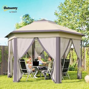 Hexagon Garden Gazebo - Pop Up Outdoor Patio Double Roof Instant Shelter with Netting, 3 x 4m, Beige