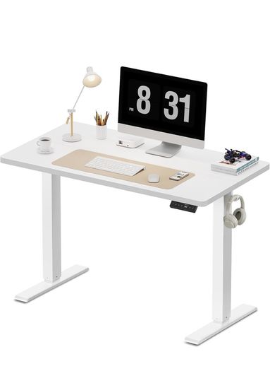 Electric Standing Desk, 100 x 60 cm, White Height Adjustable Desk, 2 Hooks, 4 Memory Heights, 72-118cm, Splice Board, Ergonomic Sit Stand Computer Desk for Home Office