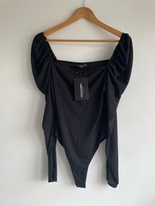 Prettylittlething black ribbed bodysuit size UK 12