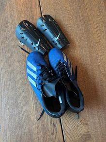 Adidas football shoes and shin guards size 45.5, 10.5