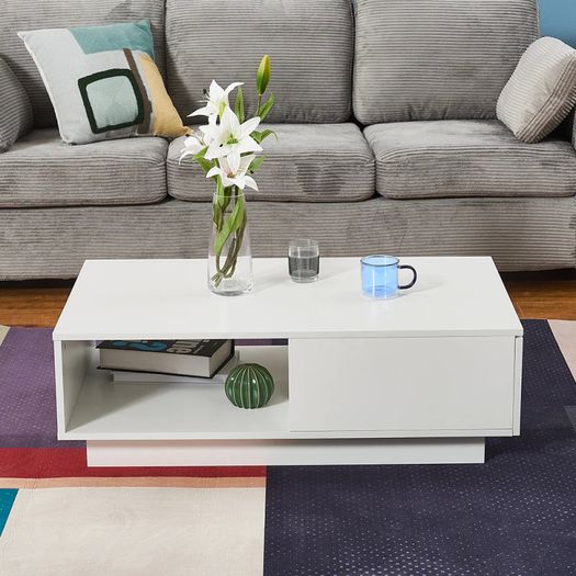 BRAND NEW Coffee Table Rectangle Living Room Storage With RGB LED + Large Drawer White Color