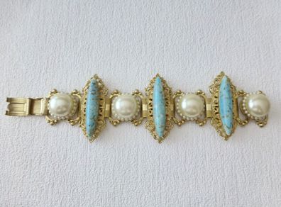 1950's Vintage Victorian Revival Turquoise Pearl Bracelet