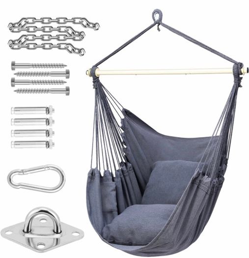 Swing Chair with Hardware Kit: Ohuhu XL Portable Hanging Chairs with 2 Cushions Detachable Metal Support Bar Side Pocket for Indoor Outdoor, Hammock Chair for Patio Bedrooms Teen Girls Room Decor (MULTIPLE COLOURS)