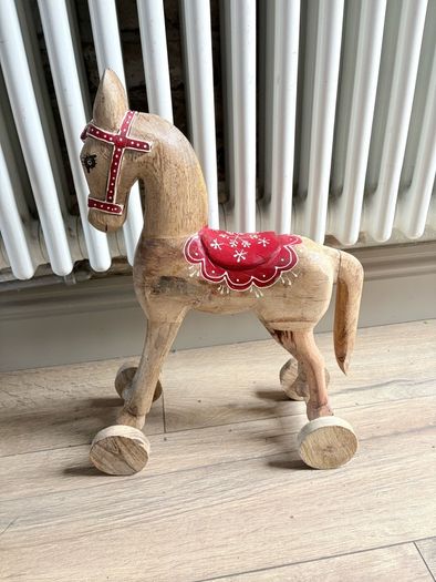 New vintage inspired 45cm high hand carved horse on wheels with washed wood finish