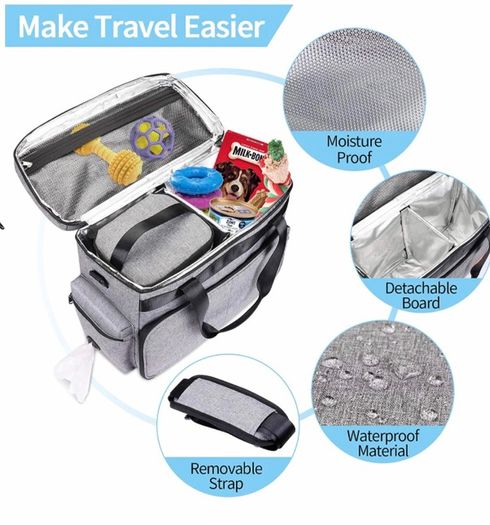 Dog Travel Bag, Airline Approved Pet Tote Organizer with Multi-Function Pockets, Accessories Set Includes Shoulder Strap, 2 Food Storage Containers, 2 Foldable Bowls