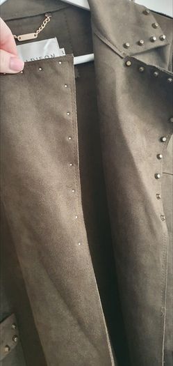 MADISON khaki midi length coat with stud detail open front with tie Sz L (12-16 UK) - Rrp 289 (New)