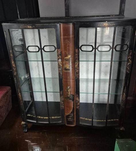 Vintage  Turnige Chinoiserie locking ebonised handpainted cabinet 3 tiers