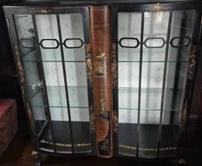Vintage  Turnige Chinoiserie locking ebonised handpainted cabinet 3 tiers