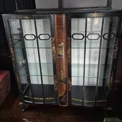Vintage  Turnige Chinoiserie locking ebonised handpainted cabinet 3 tiers