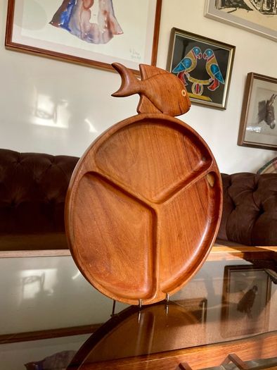 Vintage Teak Mid Century Divided Serving Platter Carved Handle Retro Stylised Fish