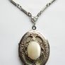 Vintage Silver Tone Oval Locket with Faux Pearl Cabochon length 28" Image 4
