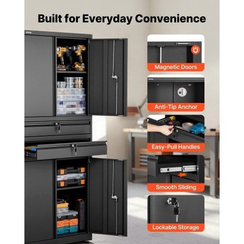 Metal Storage Cabinet, 81.5 kg Shelf Load Capacity, 1800 mm Tall Garage Tool Storage Cabinet with 4 Locking Doors and Adjustable Shelves, 2 Drawers, for Garage, Home, Office, Utility Room, Black