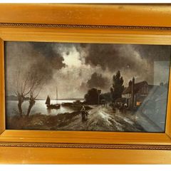 Antique Moonlit River Scene  Edwardian Print in Deep Gilt Frame