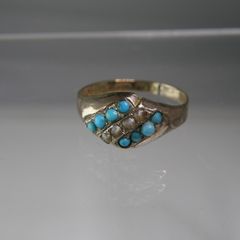 Antique Victorian 9ct Gold Turquoise & Seed Pearl Cluster Ring Fully Hallmarked