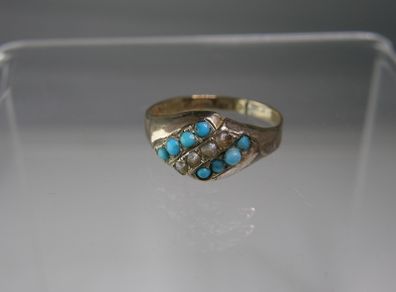 Antique Victorian 9ct Gold Turquoise & Seed Pearl Cluster Ring Fully Hallmarked