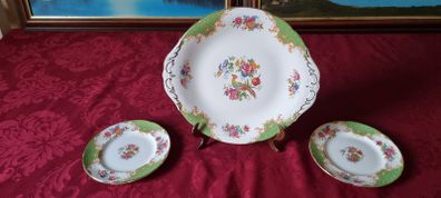For Collectors Antique 3 Piece Paragon Rockingham Bone China Gold Gilt Cabinet Eared Cake Plate And Bread And Butter Set Made In England