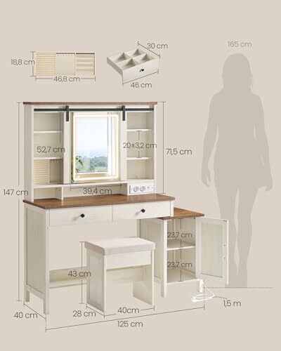 Vintage Dressing Table with Mirror and Lighting with Stool 2 Drawers, Jewellery Storage