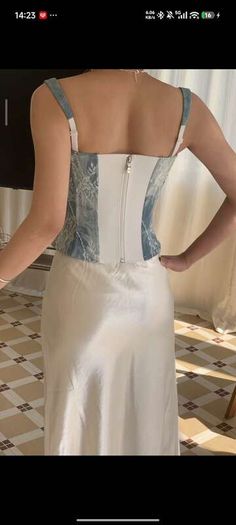 Denim and white lace print corset top