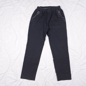 Celia Black Elastic Waist Straight Leg Stretch Trousers Moon Pattern Pocket Trim 10-12UK/38-40EU