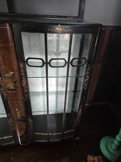 Vintage  Turnige Chinoiserie locking ebonised handpainted cabinet 3 tiers