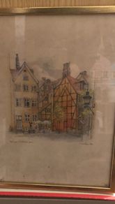 Mads Stage Danish Artist Watercolor Print Lithograph Cafe Buildings