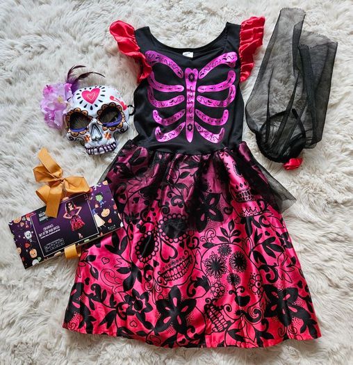 Halloween Children's Day of the Dead Dress + Accessories 7-8 Years