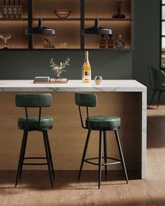 Set of 2 Swivel Bar Stools - 360 Rotation - Faux Leather - Forest Green 65 cm High