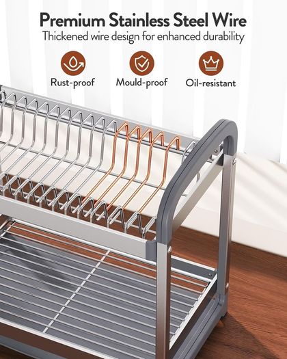 Brand New 2-Tier Dish Drainer with Utensil & Cup Holders Drip Tray