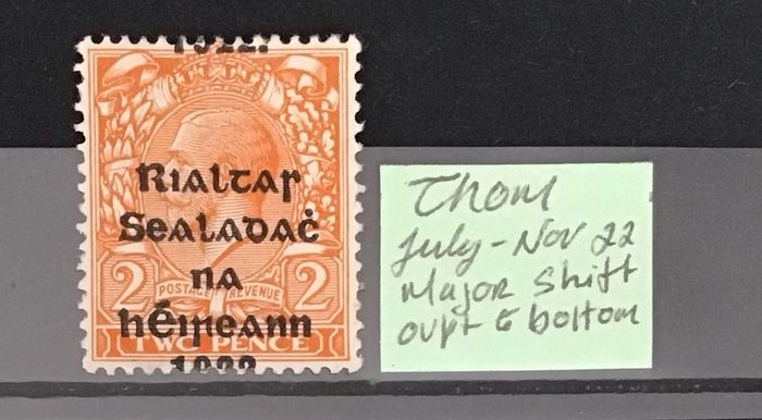 Ireland June-Nov 1922 Alex Thom 2d Orange Sg34 Variety Overprint Shift to Bottom.