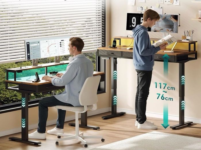 Standing Desk with 3 Storage Drawers, 120cm Height Adjustable Desk Electric Sit Stand Table with Monitor Stand, LED Lights, Power Outlet, Space Saving for Small Home Office Living Room, Brown
