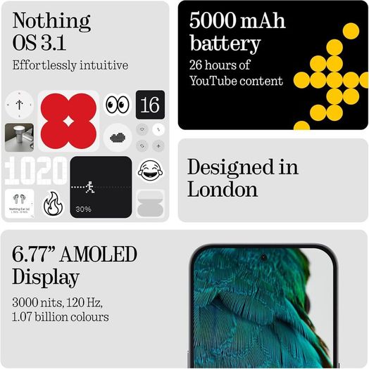 Nothing Phone (3a) 128 GB - mobile phone with 32 MP front camera, 30x ultra zoom, 6.77" FHD+ flexible AMOLED display - Black (Used Like New)