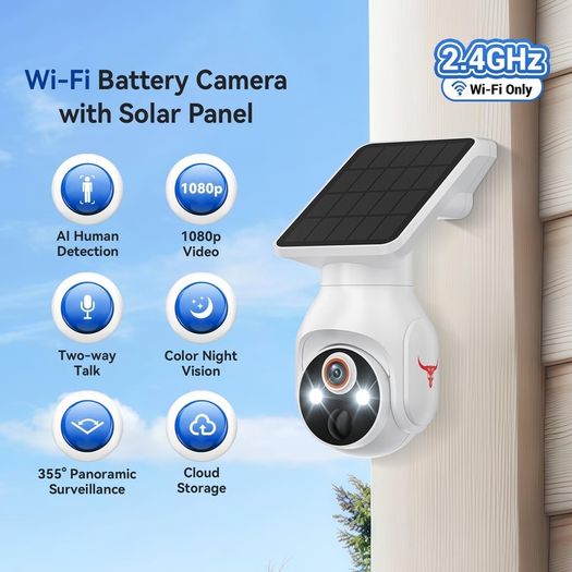 Solar-Powered Outdoor Security Camera, 1080p WiFi, 2-Way Audio, Night Vision, App Control, Weather Resistant, IP65, Cloud Storage, Human Detection, 2.4GHz Only, Pan Tilt Control