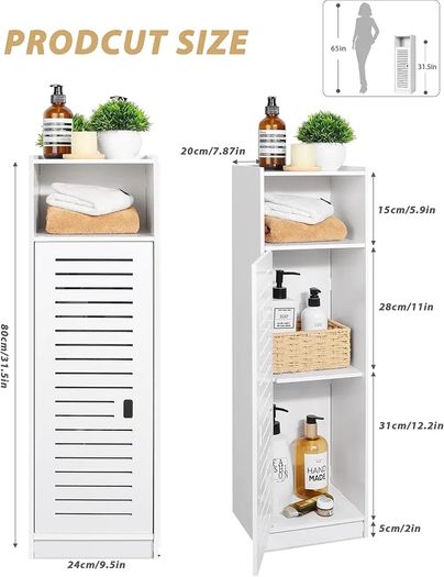 Waterproof Bathroom Cabinets, Storage Accessories Floor Standing Cabinet for Bathroom,Furniture for Bedroom Kitchen Hallway,Storage Cupboard Unit with Daily use Layer 80x20x24cm