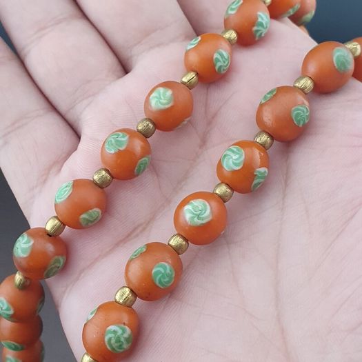 Vintage Venetian Style Orange Floral Glass With pumtek pyu Pendant Necklace