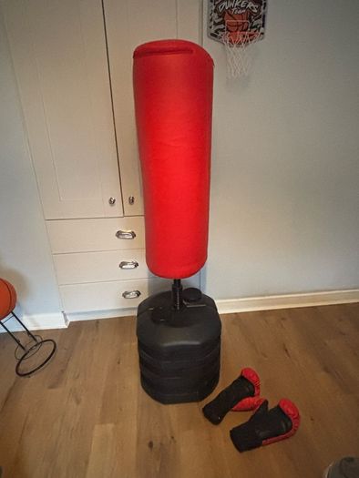 Smyths boxing bag stand and gloves