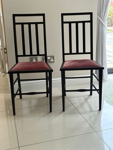 Pair of black wooden Edwardian casual chairs with velvet seats