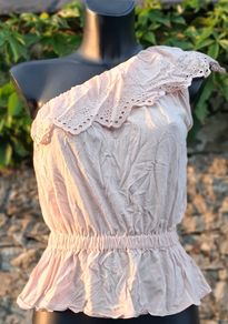 Mango -  Rose Pink Broderie Anglaise Embroidery Peplum Top