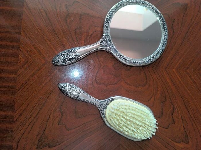 Vintage silver plated hair brush and hand mirror, vanity dressing table set