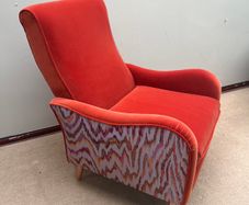 Benburb Lounge Chair in Vibrant Coral Velvet with Abstract Ikat Back