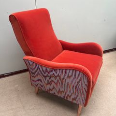 Benburb Lounge Chair in Vibrant Coral Velvet with Abstract Ikat Back